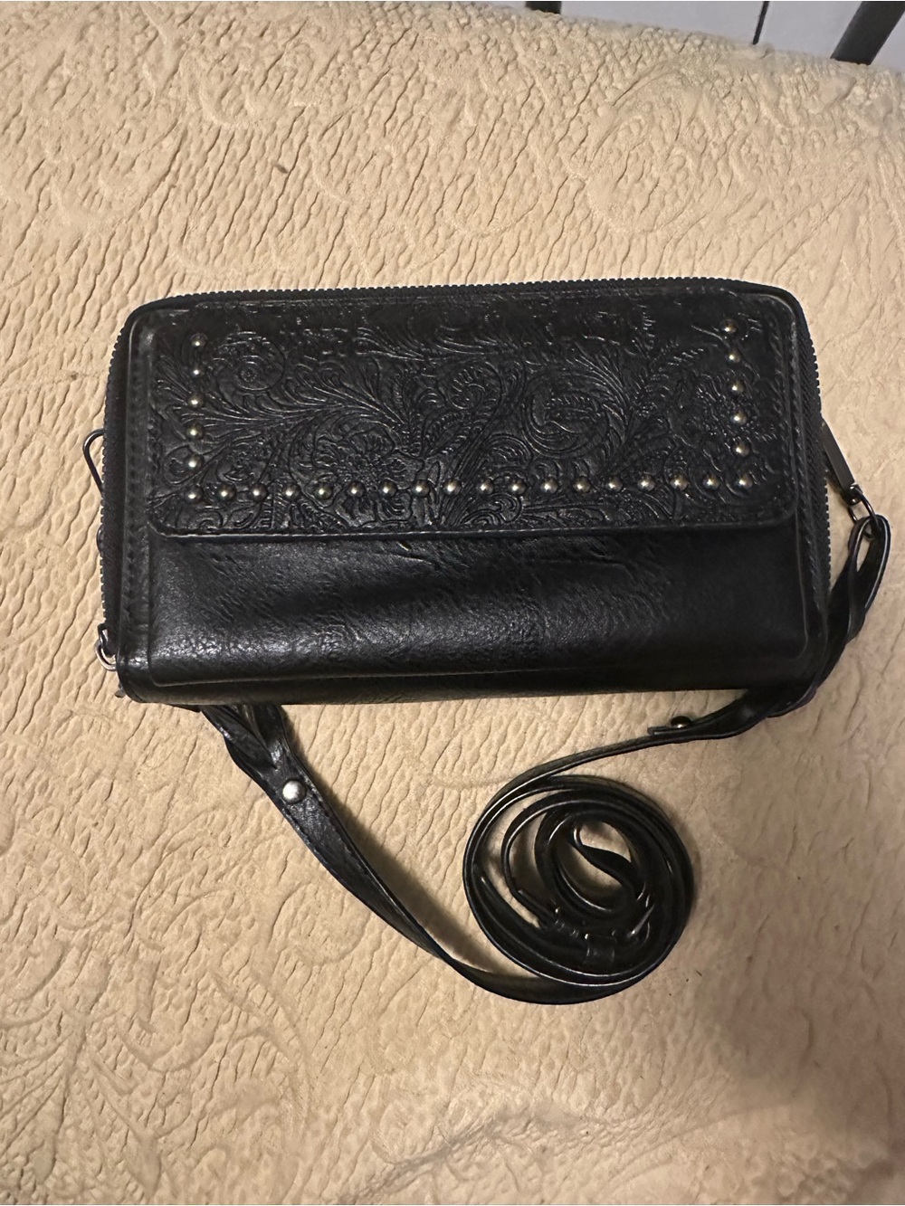 Women's Black Embossed Leather Crossbody Bag